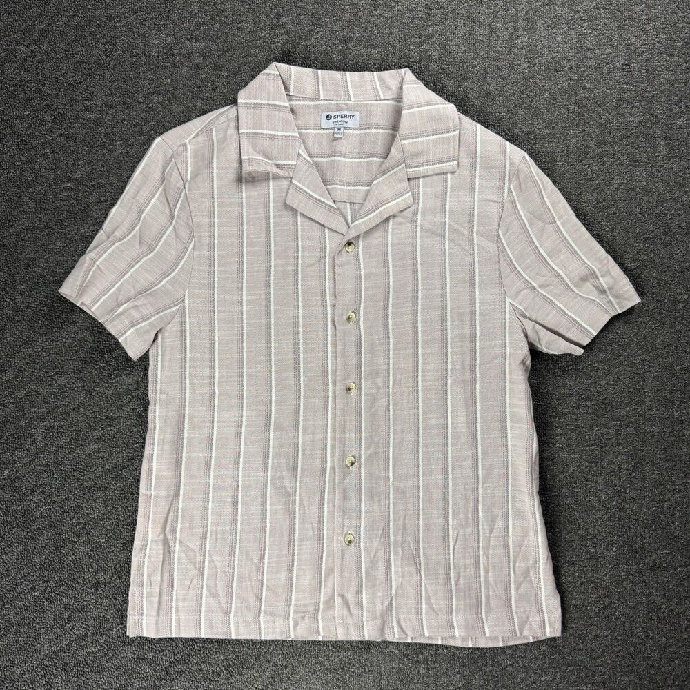 NWOT Sperry Men's Camp Collar Texture Shirt Pink and White Striped Size Med